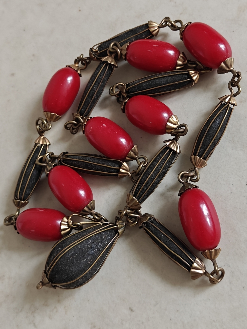 RARE Vintage Red Bakelite Skhab Ethnic Tribal Necklace